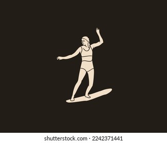 minimal vintage artwork of surfer woman