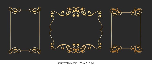 Colección de marco de Elementos vintage minimalista. Borde decorativo de adorno de rectángulo dorado.
