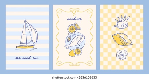 Minimal vintage Italian summer vacation posters set. Vector contour ink hand drawn Italy coast sea with yacht, seashells and fish placards. Sea weekend or rest drawings for cafe or restaurant decor