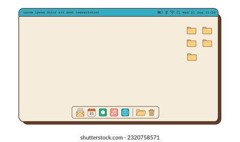 Minimal vintage retro vibe nostalgic OS with menu bar, folders and dock with app icons. Old fashioned computer desktop. Vector flat style illustration. 