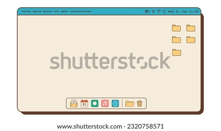 Minimal vintage retro vibe nostalgic OS with menu bar, folders and dock with app icons. Old fashioned computer desktop. Vector flat style illustration. 