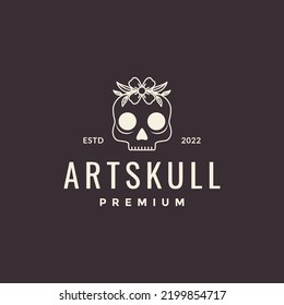 minimal vintage skull with flowers logo design