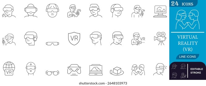 Minimal virtual reality (VR) line icon set featuring headsets, gaming, motion tracking, and immersive experiences. Perfect for tech, AR,VR, app, and innovation themes.