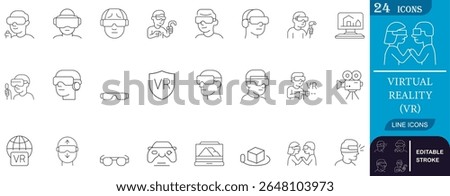 Minimal virtual reality (VR) line icon set featuring headsets, gaming, motion tracking, and immersive experiences. Perfect for tech, AR,VR, app, and innovation themes.