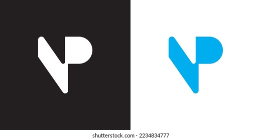 Minimal VP logo. Icon of a PV letter on a luxury background. Logo idea based on the VP monogram initials. Professional variety letter symbol and PV logo on black and blue background.