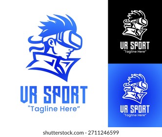 Ein minimales VR-Sportzeichen, das klare Formen betont, die virtuelle Realität mit sportlicher Performance-Identität vermischen.