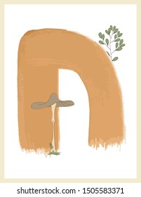 Minimal wall art. Abstract shapes in warm autumn colors.  Composition of geometric shapes, of plants and mushrooms.  Autumn picture.  Vector graphics.