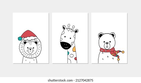 Decoración minimalista de arte en la pared. León, jirafa y concepto de oso. Diseño de vectores dibujados a mano para habitación infantil y vivero, para áreas de impresión textil e industrial.