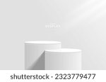 Minimal wall scene for mockup. Abstract steps white 3d cylinder podium pedestal realistic in 3d wall room. Stage for show product, showcase. 3d vector geometric platform design. vector rendering.