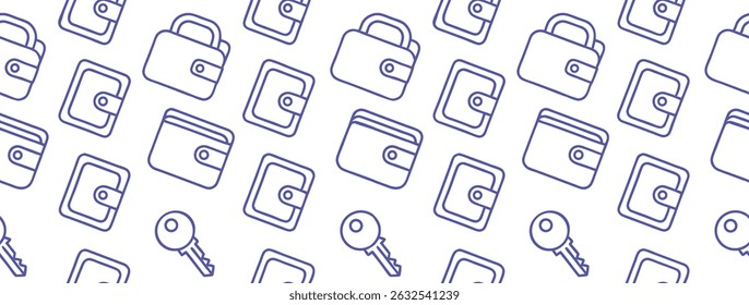Minimal wallet and key seamless pattern in outline style for finance, security, and digital access concepts. Ideal for fintech, apps, and background design use. Vector icon repeat design.