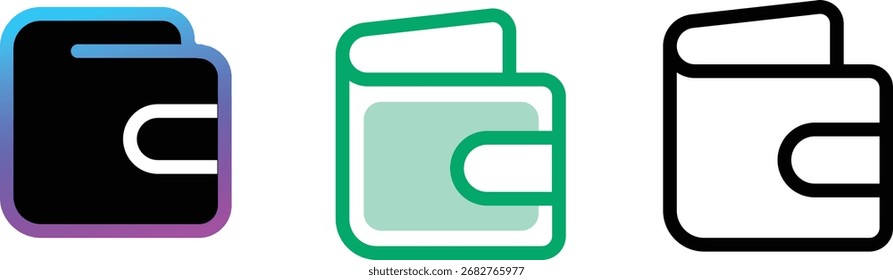 Ícone de pagamento de carteira mínimo definido em três versões delinear negrito e cor Perfeito para transações on-line de checkout de comércio eletrônico aplicativos financeiros de banco digital e plataformas de compras