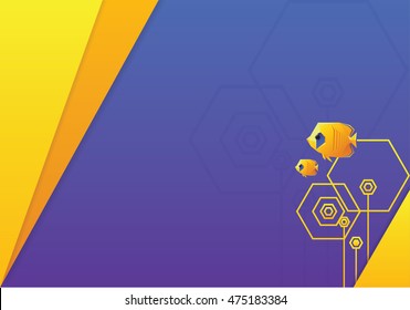 Minimal wallpaper background with yellow geometric fishes swimming among abstract polygonal coral reefs under the blue ocean.