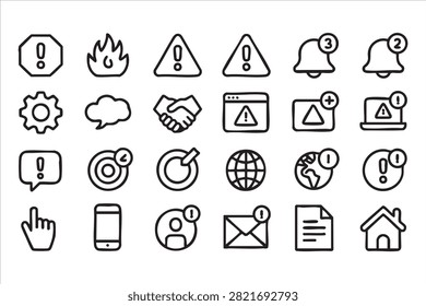 Minimal warning icon pack with alert bell exclamation danger fire and system notification symbols