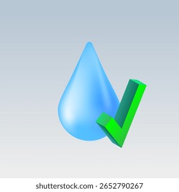 Gota de água mínima com marca de seleção verde isométrica — ícone de vetor no fundo branco