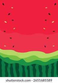 Minimal watermelon background with pulp, seeds, and striped rind pattern in a flat vector design