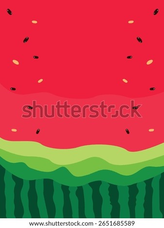 Minimal watermelon background with pulp, seeds, and striped rind pattern in a flat vector design