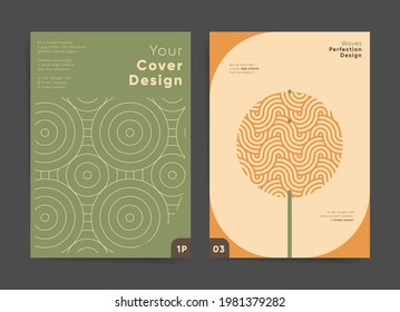 Minimal waves and circles geometric presentation set. Geometric wavy premium poster or cover. Vector A4 wavy simple design. Simple waves backdrop abstract circle shapes cover design oriental template.