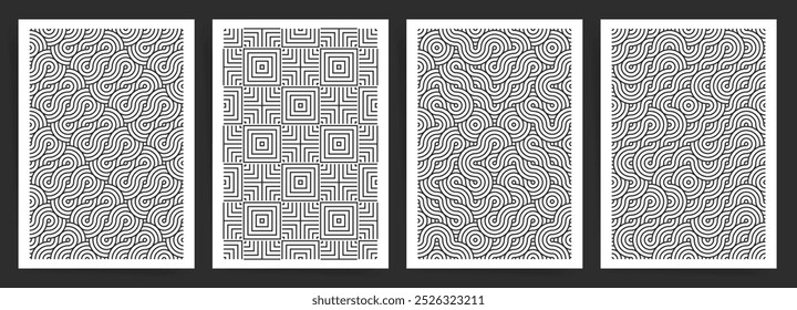 Minimal Wavy Line and Concentric Circle Pattern Set. Seamless Geometric Black and White Designs for Modern A4 Posters and Brochures.
