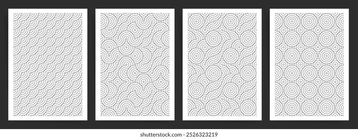 Minimal Wavy Line and Concentric Circle Pattern Set. Seamless Geometric Black and White Designs for Modern A4 Posters and Brochures.