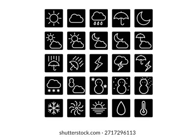 Ein minimales Wetter-Icon-Set mit sauberem Liniendesign.
Umfasst grundlegende Wetterbedingungen wie sonnig, bewölkt, regnerisch, schneebedeckt und stürmisch.
Einfarbiger Linienstil, ideal für Benutzeroberfläche, Webdesign und Infografiken.