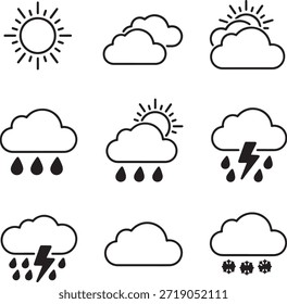 Ícone de tempo mínimo definido com sol, nuvens, chuva e tempestades símbolos em estilo de contorno limpo, ideal para previsões, aplicativos, infográficos e design de interface do usuário.