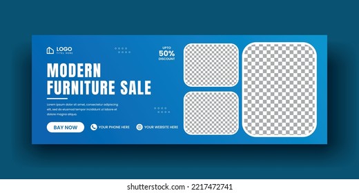 Minimal web banner template. social media sale cover banner layout. Horizontal website header with blue background. furniture, fashion, business, interior web header