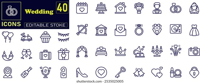 Minimal wedding icon set - Editable stroke illustration .