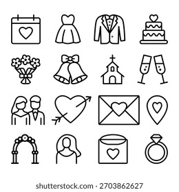 Conjunto de iconos de Boda mínima (Colección de arte de línea)