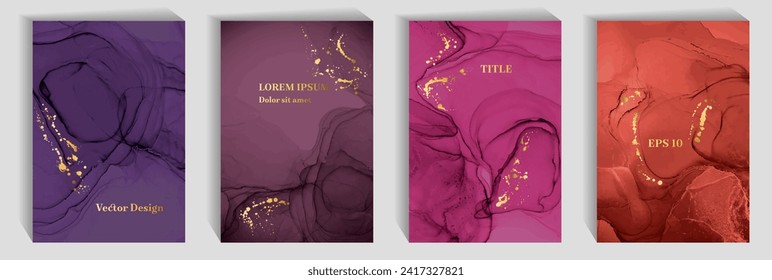 Minimal wedding invitation card backdrops vector bundle. Liquid alcohol ink texture, golden spatter. Rich birthday greeting card backgrounds, banners set. Certificate templates.