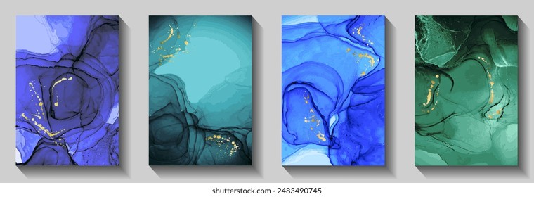 Minimal wedding invitation card backdrops vector bundle. Liquid alcohol ink texture, golden spatter. Colorful corporate business card backgrounds, banners set. Flow texture cover pages.