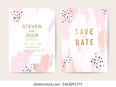 Minimal wedding invitation card design template with pink and rose gold brush texture. vector