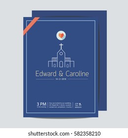 Minimal Wedding invitation card Template with Church and Love Symbolic, heart, cross, pink ribbon and blue background.