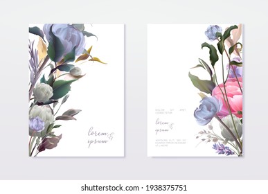 Minimal Wedding Invitation Frame Set; Flowers, Leaves, Watercolor, Isolated On White. Sketched Wreath, Floral And Herbs Garland With Green. Handdrawn Vector Watercolour Style, Nature Art.	