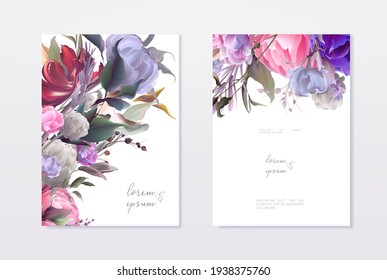 Minimal wedding invitation frame set; flowers, leaves, watercolor, isolated on white. Sketched wreath, floral and herbs garland with green. Handdrawn Vector Watercolour style, nature art.	