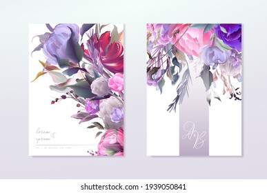 Conjunto mínimo de marcos de invitación a la boda; flores, hojas, acuarela, aislado en blanco. Hierba esbozada, huerta floral y hierbas aromáticas con verde. Estilo de la acuarela del vector dibujado a mano, arte de la naturaleza.	