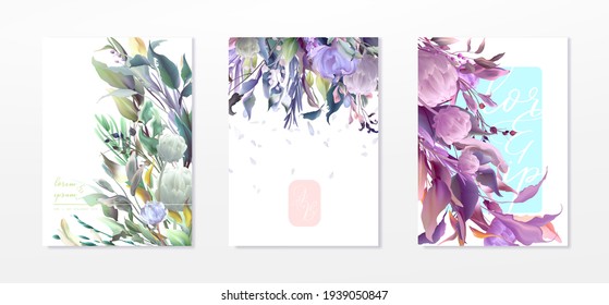 Conjunto mínimo de marcos de invitación a la boda; flores, hojas, acuarela, aislado en blanco. Hierba esbozada, huerta floral y hierbas aromáticas con verde. Estilo de la acuarela del vector dibujado a mano, arte de la naturaleza.	