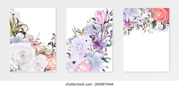 Minimal wedding invitation frame set; flowers, leaves, watercolor, isolated on white. Sketched wreath, floral and herbs garland with green. Handdrawn Vector Watercolour style, nature art