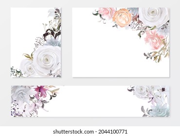 Minimal wedding invitation frame set; flowers, leaves, watercolor, isolated on white. Sketched wreath, floral and herbs garland with green. Handdrawn Vector Watercolour style, nature art