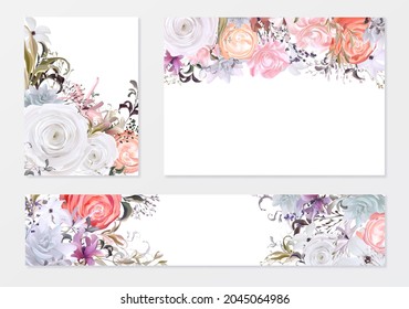 Minimal wedding invitation frame set; flowers, leaves, watercolor, isolated on white. Sketched wreath, floral and herbs garland with green. Handdrawn Vector Watercolour style, nature art