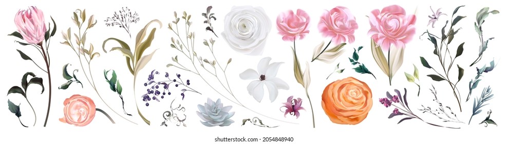 Conjunto mínimo de marcos de invitación a la boda; flores, hojas, acuarela, aislado en blanco. Hierba esbozada, huerta floral y hierbas aromáticas con verde. Estilo de la acuarela del vector dibujado a mano, arte de la naturaleza