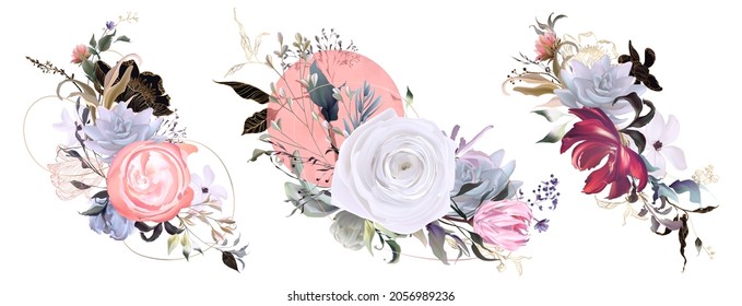 Minimal wedding invitation frame set; flowers, leaves, watercolor, isolated on white. Sketched wreath, floral and herbs garland with green. Handdrawn Vector Watercolour style, nature art