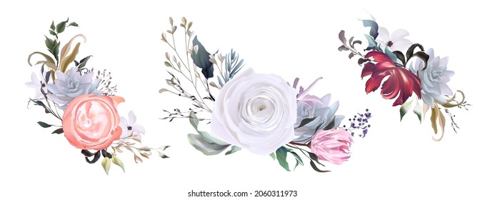 Minimal wedding invitation frame set; flowers, leaves, watercolor, isolated on white. Sketched wreath, floral and herbs garland with green. Handdrawn Vector Watercolour style, nature art.
