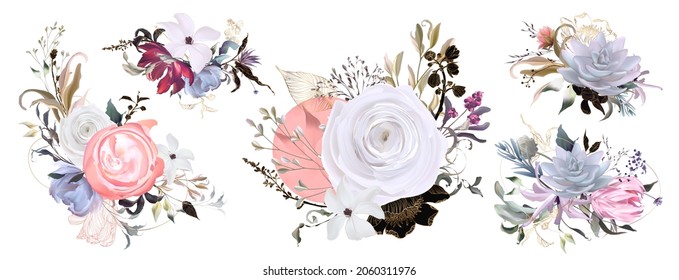 Conjunto mínimo de marcos de invitación a la boda; flores, hojas, acuarela, aislado en blanco. Hierba esbozada, huerta floral y hierbas aromáticas con verde. Estilo de la acuarela del vector dibujado a mano, arte de la naturaleza.