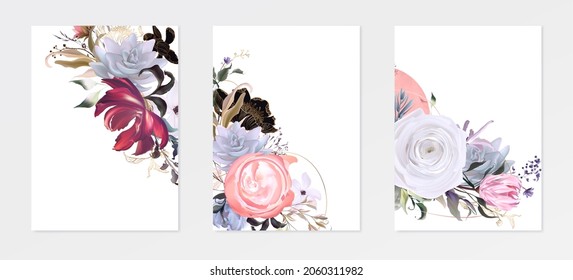 Minimal wedding invitation frame set; flowers, leaves, watercolor, isolated on white. Sketched wreath, floral and herbs garland with green. Handdrawn Vector Watercolour style, nature art.
