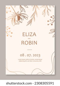 Minimal wedding invitation. Luxury booklet with linear golden flowers, branches and plants. Aesthetics and elegance. Fashion and trend. Event and ceremony, anniversary. Flat vector illustration