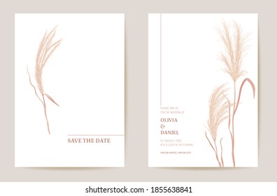 Minimal wedding invitation pampas grass boho card. Autumn watercolor template vector. Botanical Save the Date golden foliage modern poster, trendy design, luxury background, floral illustration