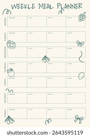 Minimal weekly meal planner with hand-drawn food icons: cheese, lemon, grapes, olives, honey jar. A4 printable template in soft neutral tones with snacks and meal sections.