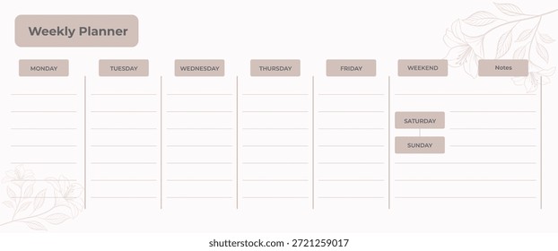 Plantilla mínima de planificador semanal con detalles florales, diseño limpio y sección de notas para una productividad organizada.