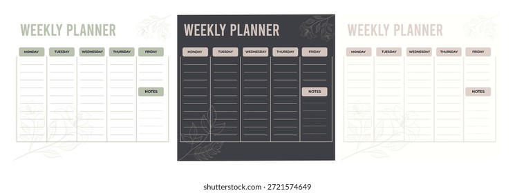Conjunto de Plantilla de planificador semanal mínimo con acentos florales, diseños limpios y secciones de notas para productividad.