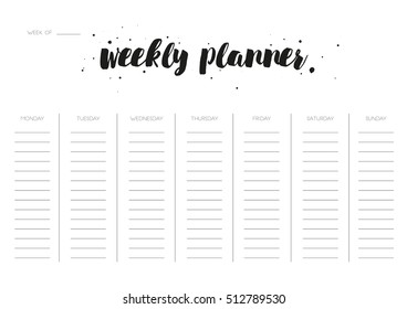 Minimal Weekly Planner vector template. Printable Weekly list design, ready to use. Black and White organizer and schedule list. Nice typography schedule design A4 format.